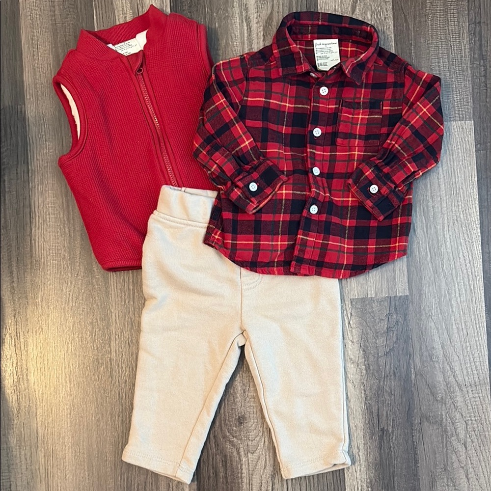 First Impressions Red Plaid Shirt and Red Vest with Cream Pants